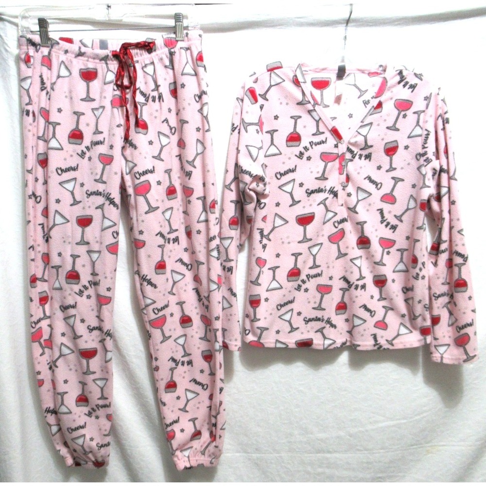 PJ Couture Medium Pink Soft Cheers‎ Santa's Helper Champagne Martini Pajama Set